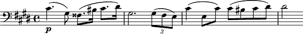 
\header {
  tagline = ##f
}

\score {
  \new Staff \with {

  }
<<
  \relative c' {
    \key cis \minor
    \time 4/4
    \tempo 4 = 50
    \override TupletBracket #'bracket-visibility = ##f
    %\autoBeamOff
    \set Staff.midiInstrument = #"string ensemble 1"

     %%% AB 7-2 th1 (ms. 1)
     \clef bass cis4.\p( gis8) fisis8.( bis16 cis8. dis16) gis,2. \times 2/3 { gis8( fis e) } cis'4( e,8 cis') cis( bis cis dis) dis2

  }
>>
  \layout {
    \context { \Score \remove "Metronome_mark_engraver"
    }
  }
  \midi {}
}
