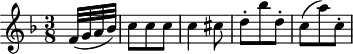 
\header {
  tagline = ##f
}

\score {
  \new Staff \with {

  }
<<
  \relative c' {
    \key f \major
    \time 3/8
    \override TupletBracket #'bracket-visibility = ##f 
    %\autoBeamOff

     %%%%%%%%%%%%%%%%%%%%%%%%%% K15a/ K. Anh. 109b n° 1
     \partial 8 f32( g a bes) c8 c c c4 cis8 d-. bes' d,-. c( a') c,-.

  }
>>
  \layout {
    \context {
      \remove "Metronome_mark_engraver"
    }
  }
  \midi {}
}
