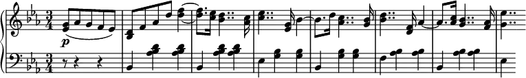 
 \relative c' {
 \new PianoStaff <<
  \new Staff { \key c \minor \time 3/4 \set Timing.measurePosition = #(ly:make-moment -5/8)
   \set Score.tempoHideNote = ##t
   \tempo "" 2. = 56
   <ees g>8( aes g f ees) | <bes d> f' aes d <d f>4~ <d f>8.[ <c ees>16] <bes d>4.. <aes c>16 <c ees>4.. <ees, g>16 bes'4~ bes8.[ d16] <aes c>4.. <g bes>16 <bes d>4.. <d, f>16 aes'4~ \stemUp aes8.[ <aes c>16] \stemNeutral <g bes>4.. <f aes>16 <g ees'>4..
  }
  \new Dynamics {
  s\p
   }
  \new Staff { \key c \minor \time 3/4 \clef bass \set Timing.measurePosition = #(ly:make-moment -5/8)
   r8 r4 r bes,, <aes' bes d> <aes bes d> bes, <aes' bes d> <aes bes d> ees <g bes> <g bes> bes, <g' bes> <g bes> f <aes bes> <aes bes> bes, <aes' bes> <aes bes> ees
  }
 >>
 }
