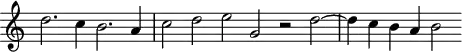 \header {
tagline = ##f
}
\score {
\new Staff \with {
\remove "Time_signature_engraver"
}
<<
\relative c'' {
\key c \major
%\clef bass
\time 4/2
\override TupletBracket #'bracket-visibility = ##f
%%% f° 20v-21v
d2. c4 b2. a4 \time 6/2 c2 d e g, r2 d'2~ \time 4/2 d4 c b a b2
}
>>
\layout {
\context { \Score \remove "Metronome_mark_engraver" }
}
\midi {}
}