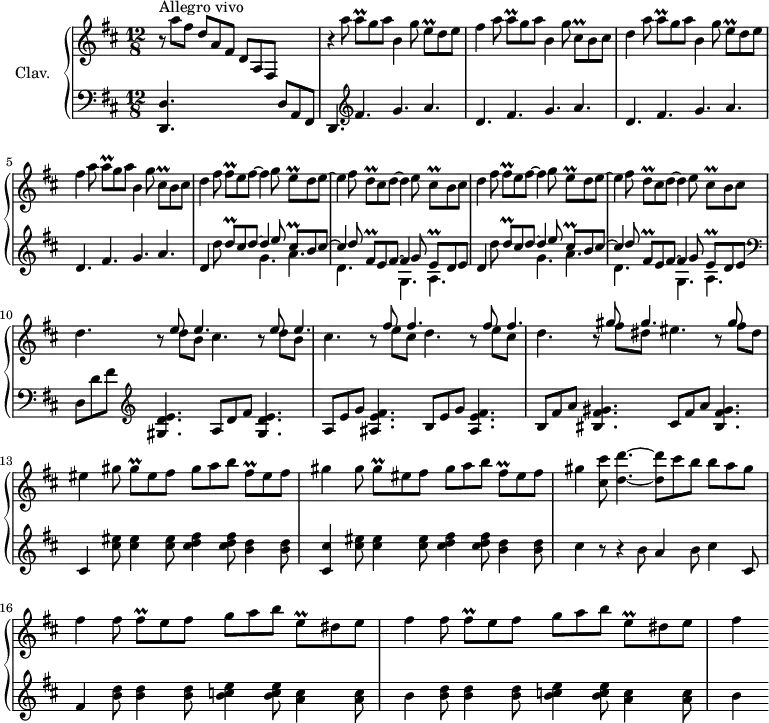 \version "2.18.2"
\header {
tagline = ##f
% composer = "Domenico Scarlatti"
% opus = "K. 214"
% meter = "Allegro vivo"
}
%% les petites notes
trillAq = { \tag #'print { a8\prall } \tag #'midi { b32 a b a } }
trillEq = { \tag #'print { e8\prall } \tag #'midi { fis32 e fis e } }
trillEqDown = { \tag #'print { e,8\prall } \tag #'midi { fis32 e fis e } }
trillDq = { \tag #'print { d8\prall } \tag #'midi { e32 d e d } }
trillCisq = { \tag #'print { cis8\prall } \tag #'midi { d32 cis d cis } }
trillCisqDow = { \tag #'print { cis,8\prall } \tag #'midi { d32 cis d cis } }
trillFisq = { \tag #'print { fis8\prall } \tag #'midi { gis32 fis gis fis } }
trillFisqDown = { \tag #'print { fis,8\prall } \tag #'midi { g32 fis g fis } }
trillGisq = { \tag #'print { gis8\prall } \tag #'midi { a32 gis a gis } }
trillFisGq = { \tag #'print { fis8\prall } \tag #'midi { g32 fis g fis } }
upper = \relative c'' {
\clef treble
\key d \major
\time 12/8
\tempo 4. = 112
\set Staff.midiInstrument = #"harpsichord"
\override TupletBracket.bracket-visibility = ##f
s8*0^\markup{Allegro vivo}
r8 a'8 fis d a fis d a fis s4. | r4 \repeat unfold 2 { a''8 \trillAq g8 a b,4 g'8 \trillEq d8 e | fis4 a8 \trillAq g8 a b,4 g'8 \trillCisqDow b8 cis |
% ms. 4
d4 } fis8 \trillFisq e8 fis~ fis4 g8 \trillEq d8 e~ |
% ms. 7
e4 fis8 \trillDq cis d~ d4 e8 \trillCisq b cis | d4 fis8 \trillFisq e8 fis~ fis4 g8 \trillEq d8 e~ | e4 fis8 \trillDq cis d~ d4 e8 \trillCisq b cis |
% ms. 10
d4. \repeat unfold 2 { r8 << { e e4. } \\ { d8 b cis4. } >> } \repeat unfold 2 { r8 << { fis fis4. } \\ { e8 cis d4. } >> } r8 << { gis gis4. } \\ { fis8 dis eis4. } >> r8 << { gis } \\ { fis8 dis } >> |
% ms. 13
eis4 \repeat unfold 2 { gis8 \trillGisq eis8 fis gis a b \trillFisq eis fis | gis4 } < cis, cis' >8 < d d' >4.~ q8 cis'8 b b a gis |
% ms. 16
\repeat unfold 2 { fis4 fis8 \trillFisGq e8 fis g a b \trillEqDown dis e } | fis4
}
lower = \relative c' {
\clef bass
\key d \major
\time 12/8
\set Staff.midiInstrument = #"harpsichord"
\override TupletBracket.bracket-visibility = ##f
% ************************************** \appoggiatura \repeat unfold 2 { } \times 2/3 { }
< d,, d' >4. s2. d'8 a fis | d4. \clef treble fis''4. g a | \repeat unfold 3 { d,4. fis g a }
% ms. 6
\repeat unfold 2 {
d,4 d'8
<< { \trillDq cis8 d~ d4 e8 \trillCisq b8 cis~ | cis4 d8 \trillFisqDown e8 fis~ fis4 g8 | \trillEq d e }
\\ { s4. g4. a | d, s4. g,4. a } >> } \clef bass
% ms. 10
d,8 d' fis \clef treble < gis, d' e >4. a8 d fis < gis, d' e >4. | a8 e' g < ais, e' fis >4. b8 e g < ais, e' fis >4. | b8 fis' a < bis, fis' gis >4. cis8 fis a < bis, fis' gis >4. |
% ms. 13
cis4 < cis' eis >8 q4 q8 < cis d fis >4 q8 < b d >4 q8 | < cis, cis' >4 < cis' eis >8 q4 q8 < cis d fis >4 q8 < b d >4 q8 | cis4 r8 r4 b8 a4 b8 cis4 cis,8
% ms. 16
fis4 \repeat unfold 2 { < b d >8 q4 q8 < b c e >4 q8 < a c >4 q8 | b4 }
}
thePianoStaff = \new PianoStaff <<
\set PianoStaff.instrumentName = #"Clav."
\new Staff = "upper" \upper
\new Staff = "lower" \lower
>>
\score {
\keepWithTag #'print \thePianoStaff
\layout {
#(layout-set-staff-size 17)
\context {
\Score
\override SpacingSpanner.common-shortest-duration = #(ly:make-moment 1/2)
\remove "Metronome_mark_engraver"
}
}
}
\score {
\keepWithTag #'midi \thePianoStaff
\midi { }
}