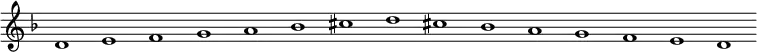 \new Staff {
\relative c' {
\key d \minor
\override Staff.TimeSignature #'stencil = ##f
\override Staff.BarLine #'stencil = ##f
d1 e f g a bes cis d cis bes a g f e d
}
}
\midi {
\context {
\Score
tempoWholesPerMinute = #(ly:make-moment 120 1)
}
}