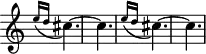 
\version "2.18.2"
\header {
  tagline = ##f
  % composer = ""
  % opus = ""
  % meter = "Allegro"
}

\score {
  \new Staff \with {
    \remove "Time_signature_engraver"
  }
<<
  \relative c' {
    \key c \major
    \time 3/8

     %%%%%%
     \repeat unfold 2 { \grace { \tempo 4. = 35 e'16( d } \tempo 4. = 75  cis4.~) | cis } | 

  }
>>
  \layout {
     #(layout-set-staff-size 17)
     \context { \Score \remove "Metronome_mark_engraver" 
     \override SpacingSpanner.common-shortest-duration = #(ly:make-moment 1/2)
     }
  }
  \midi { \set Staff.midiInstrument = #"harpsichord" }
}
