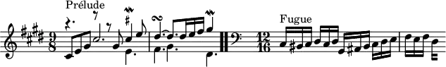 
\version "2.18.2"
\header {
  tagline = ##f
}

\score {
  \new Staff \with {

  }
<<
  \relative c' {
    \key cis \minor
    \time 9/8
	\set Staff.midiInstrument = #"harpsichord" 

     %% INCIPIT CBT II-4, BWV 873, ut-dièse mineur
     << { s4*0^\markup{Prélude} r4. r8 r8 gis'8 \once \override TextScript.script-priority = #-100 cis4^\mordent^\markup { \teeny \sharp } e8 dis4.~\turn dis8. dis16 e fis gis4\mordent } \\ { s4.*2 e,4. fis gis dis } \\ { cis8 e gis cis2.*1/2 } >>  \bar ".."

     \skip 8*1
     \override Staff.Clef.extra-offset = #'( -1 . 0 )
     \clef bass 
     \time 12/16 \partial 2. 
     \relative c { s8*0^\markup{Fugue} cis16 bis cis dis cis dis gis, ais bis cis dis e fis e fis 
{ 
 % suppression des warnings :
 #(ly:set-option 'warning-as-error #f)
 #(ly:expect-warning (_ "stem does not fit in beam")) %% <= à traduire éventuellement
 #(ly:expect-warning (_ "beam was started here")) %% <= à traduire éventuellement
  \set stemRightBeamCount = #2
  dis4*1/4[ s]
}
              }
  }
>>
  \layout {
     \context { \Score \remove "Metronome_mark_engraver" 
     \override SpacingSpanner.common-shortest-duration = #(ly:make-moment 1/2)
       }
  }
  \midi {}
}
