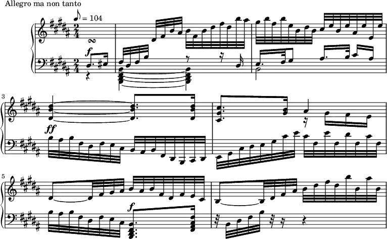 
\version "2.18.2"
\header {
  tagline = ##f
}
upper = \relative c'' {
  \clef treble 
  \key b \major
  \time 2/4
  \tempo 8 = 104
  %\autoBeamOff


   %%Montgeroult — Étude 67 (pdf p. 218)

   \partial 4 << { \change Staff = "lower" dis,,8.^\f eis16 fis32 dis fis b } \\ { s16 s32_\turn } >> 
   \change Staff = "upper" dis32 fis b ais b fis b dis fis dis b' ais
   gis32 b fis b e, b dis b cis e b e ais, e' e, e' 
   < dis b dis, >4~ q8. q16 
   < cis gis cis, >8. < b gis >16 << { ais4 } \\ { r16 gis16 fis e } >>
   dis8~ dis32 fis gis ais b ais b fis dis fis e cis
   b8~ b32 dis fis ais b dis fis dis b' b, ais' b, 

}

lower = \relative c {
  \clef bass
  \key b \major
  \time 2/4

   r4 << { s4 r8 r16 dis16 } \\ { < b fis dis b >4~ q } >>
   << { e16. fis32 gis8 ais16. b32 cis16[ ais] } \\ { b,2 } >>
   b'32^\ff ais b fis dis fis e cis b ais b fis dis b cis dis 
   e32 gis cis dis e gis cis e cis fis, e' fis, dis' fis, cis' fis, 
   b32 ais b fis dis fis e cis < b fis dis b >8.^\f < fis' cis ais fis >16
   r32 b,32 dis fis b r32 r16 r4

}

  \header {
    piece = "Allegro ma non tanto"
  }

\score {
  \new PianoStaff <<
    \new Staff = "upper" \upper
    \new Staff = "lower" \lower
  >>
  \layout {
    \override TupletBracket.bracket-visibility = ##f
    \context {
      \Score
      %\remove "Metronome_mark_engraver"
    }
  }
  \midi { }
}
