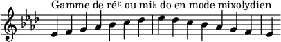 {
\override Score.TimeSignature #'stencil = ##f
\relative c' {
\key es \mixolydian
\clef treble \time 7/4
es4^\markup { Gamme de ré♯ ou mi♭ do en mode mixolydien } f g aes bes c des es des c bes aes g f es
} }
