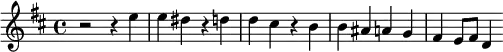 {\key b \minor {r2 r4 e'' e'' dis'' r d'' d'' cis'' r b' b' ais' a' g' fis' e'8 fis' d'4}}