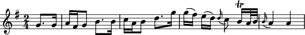
\header {
  tagline = ##f
}

\score {
  \new Staff \with {

  }
<<
  \relative c'' {
    \key g \major
    \time 2/4
    \override TupletBracket #'bracket-visibility = ##f 
    \autoBeamOff

     %%%%%%%%%%%%%%%%%%%%%%%%%% K24
     \partial 4 g8.[ g16] a[ fis g8] b8.[ b16] c[ a b8] d8.[ g16] g[( fis)] e[( d)] \grace d16( c8) b16\trill[ a32 b] \grace b16( a4) a

  }
>>
  \layout {
    \context {
      \remove "Metronome_mark_engraver"
    }
  }
  \midi {}
}
