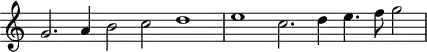 \header {
tagline = ##f
}
\score {
\new Staff \with {
\remove "Time_signature_engraver"
}
<<
\relative c'' {
\key c \major
%\clef bass
\time 6/2
\override TupletBracket #'bracket-visibility = ##f
%%% f° 11...
g2. a4 b2 c d1 e c2. d4 e4. f8 g2
}
>>
\layout {
\context { \Score \remove "Metronome_mark_engraver" }
}
\midi {}
}