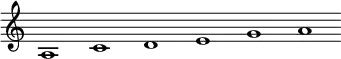 \relative c' {\override Score.BarLine.stencil = ##f \override Score.TimeSignature.stencil = ##f a1 c d e g a}