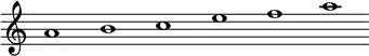 \relative c'' {\override Score.BarLine.stencil = ##f \override Score.TimeSignature.stencil = ##f a1 b c e f a}