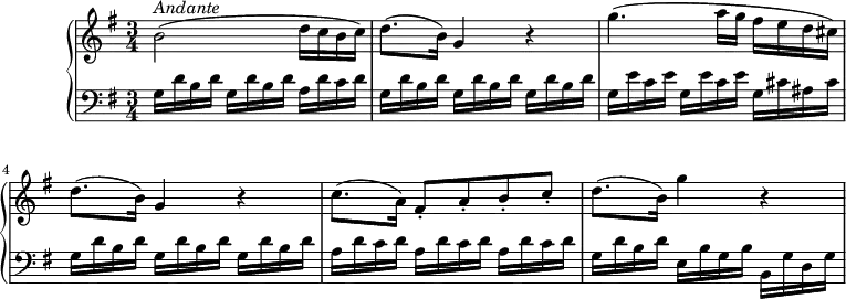 \version "2.18.2"
\header {
tagline = ##f
}
upper = \relative c'' {
\tempo "Andante"
\key g \major
\time 3/4
\tempo 4 = 70
b2^\markup{ \italic {Andante} } (d16 c b c)
d8. (b16) g4 r
g'4. (a16 g fis e d cis)
d8. (b16) g4 r
c8. (a16) fis8-. a-. b-. c-.
d8. (b16) g'4 r
}
lower =\relative c' {
\clef "bass"
\set Staff.midiMinimumVolume = #0.2 \set Staff.midiMaximumVolume = #0.5
\key g \major
\time 3/4
\repeat unfold 2 { g16 d' b d } a d c d
\repeat unfold 3 { g,16 d' b d }
\repeat unfold 2 { g,16 e' c e } g, cis ais cis
\repeat unfold 3 { g16 d' b d }
\repeat unfold 3 { a16 d c d }
g,16 d' b d e, b' g b b, g' d g
}
\score {
\new PianoStaff <<
\new Staff = "upper" \upper
\new Staff = "lower" \lower
>>
\layout {
\context {
\Score
\remove "Metronome_mark_engraver"
}
}
\midi { }
}