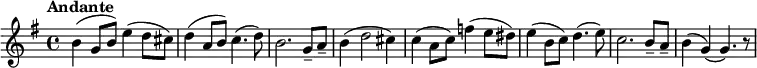 {\set Staff.midiInstrument = #"violin" \key g \major \tempo "Andante" b'4( g'8 b'8) e''4( d''8 cis''8) d''4( a'8 b'8) c''4.( d''8) b'2. g'8-- a'8-- b'4( d''2 cis''4) c''4( a'8 c''8) f''4( e''8 dis''8) e''4( b'8 c''8) d''4.( e''8) c''2. b'8-- a'8-- b'4( g'4)( g'4.) r8}