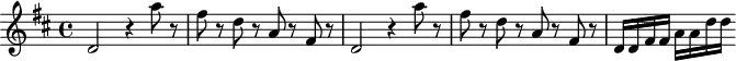 
\header {
  tagline = ##f
}

\score {
  \new Staff \with {

  }
<<
  \relative c'' {
    \key d \major
    \time 4/4
    \override TupletBracket #'bracket-visibility = ##f 
    %\autoBeamOff

     %%%%%%% K 87 - ouverture Mitridate

     \repeat unfold 2 {  d,2 r4 a''8 r8 fis r8 d r8 a r8 fis r8 }
     d16 d fis fis a a d d
  }
>>
  \layout {
    \context {
      \remove "Metronome_mark_engraver"
    }
  }
  \midi {}
}
