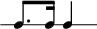 
\header {
  tagline = ##f
}

\score {
  \new RhythmicStaff {
    \time 2/2
    \numericTimeSignature
    \omit Staff.TimeSignature

   c8. c16 c4 

  }
  \layout {
   % indent = #0
  }
  \midi {}
}
