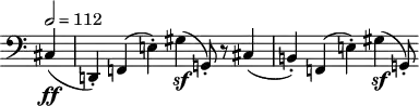 \header {
tagline = ##f
}
\score {
\new Staff \with {
\remove "Time_signature_engraver"
}
<<
\relative c {
\clef bass
\key c \major
\time 3/2
\tempo 2 = 112
% \set Score.currentBarNumber = #5
\override TupletBracket #'bracket-visibility = ##f
\autoBeamOff
%%%%%%%% Hexacordes
\partial 4 cis4\ff( | d,!-.) f!( e'!-.) gis\sf( g,!8-.) r8 cis4( | b!-.) f!( e'!-.) gis\sf( g,!8-.)
}
>>
\layout {
\context {
\remove "Metronome_mark_engraver"
}
}
\midi {}
}