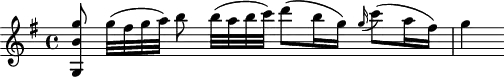 
\header {
  tagline = ##f
}

\score {
  \new Staff \with {

  }
<<
  \relative c'' {
    \key g \major
    \time 4/4
    \override TupletBracket #'bracket-visibility = ##f 
    \autoBeamOff

     %%%%%%%%%%% K 70/61c
     < g, b' g' >8 g''32[( fis g a)] b8 b32[( a b c)] d8[( b16 g)] \grace g16( c8)[( a16 fis)] g4

  }
>>
  \layout {
    \context {
      \remove "Metronome_mark_engraver"
    }
  }
  \midi {}
}
