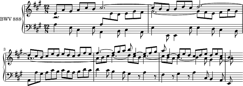\version "2.18.2"
\header {
tagline = ##f
}
upper = \relative c' {
\clef treble
\key a \major
\time 12/8
\tempo 4. = 72
\set Staff.midiInstrument = #"harpsichord"
%% PRÉLUDE CBT II-19, BWV 888, la majeur
<< { e8 a gis a cis b cis2.~ | cis8 b a b d cis d2.~ d8 cis b cis e d e d cis d fis e fis4.~ fis8 gis a b e,4~ e8 fis gis a d,4~ d8 e d cis d e d e cis | b4. } \\ { r2. \stemUp \change Staff = "lower" a,8 \stemDown \change Staff = "upper" e' d e gis fis gis2.~ gis8 fis e fis a gis a1.~ a8 b cis d4.~ d8 cis b cis4.~ cis8 b a b4.~ b4 a8 gis4 a8~ a8 } >>
}
lower = \relative c' {
\clef bass
\key a \major
\time 12/8
\set Staff.midiInstrument = #"harpsichord"
\stemDown a4 e8 cis4 e8 a,4 b8 cis4 a8 e'4 e,8 e4 e'8 e4 d8 cis4 b8 a a' gis a cis b cis b a b d cis | d4 cis8 b4 a8 gis4 r8 a4 r8 fis4 r8 gis4 r8 a4 \stemUp cis,8 b4 a8 e
}
\score {
\new PianoStaff <<
\set PianoStaff.instrumentName = #"BWV 888"
\new Staff = "upper" \upper
\new Staff = "lower" \lower
>>
\layout {
\context {
\Score
\remove "Metronome_mark_engraver"
}
}
\midi { }
}