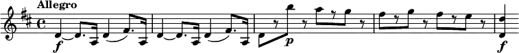 
\relative c' {
  \version "2.18.2"
  \tempo  "Allegro"
  \key d \major
  \tempo 4 = 140
  d4~\f d8. a16 d4( fis8.) a,16 |
  d4~ d8. a16 d4( fis8.) a,16 |
  d8[ r b''\p] r a[ r g] r |
  fis8[ r g] r fis[ r e] r | <d, d'>4\f
}
