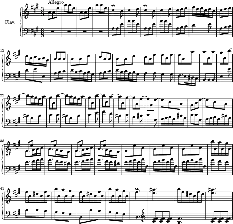 
\version "2.18.2"
\header {
  tagline = ##f
}

%% les petites notes
trillCis     = { \tag #'print { cis4\prall } \tag #'midi { d32 cis d cis~ cis8 } }
trillFisUp   = { \tag #'print { fis'4.\prall } \tag #'midi { gis32 fis gis fis~ fis4 } }

upper = \relative c'' {
  \clef treble
  \key a \major
  \time 3/8
  \tempo 4. = 80
  \set Staff.midiInstrument = #"harpsichord"
  \override TupletBracket.bracket-visibility = ##f

    s8*0^\markup{Allegro}
    \repeat unfold 2 { a8 a e' | a a e } | \repeat unfold 2 { \trillCis b8 | cis4 d8 } | cis d e |
     % ms. 10
     fis16 d e cis d b | cis8 d e | d16 b cis a b gis | a8 a a | a a d | cis a a | a a d | cis a e' |
     % ms. 18
     e8 b e | e a, a' | a b, a' | \repeat unfold 2 { gis b, b'~ | b a16 gis fis a } | gis8 b, b'~ | b cis, a'~ |
     % ms. 27
     a8 b, gis'~ | gis a, fis'~ | fis gis, e'~ | e cis a | gis b e~ | e cis a | \repeat unfold 2 { << { gis8 e' s8 | b e s8 } \\ { \mergeDifferentlyDottedOn gis,8. a16 b cis | b8. a16 gis fis } >> }
     % ms. 37
     gis8 e' cis | \repeat unfold 2 { b e cis } | \repeat unfold 2 { b'16 b, a' b, gis' b, | fis' b, dis b fis' b, } | b'16 b, a' b, gis' b, | \trillFisUp | < e ais >4. | b'16 fis dis b fis' dis | < e ais >4.

}

lower = \relative c' {
  \clef bass
  \key a \major
  \time 3/8
  \set Staff.midiInstrument = #"harpsichord"

    % **************************************
     R4.*4 \repeat unfold 2 { a8 a e' | a a e } | a,b cis |
     % ms. 10
     d4 e8 | a, b cis | d e e, | a b cis | d16 b cis a b gis | a8 b cis | d16 b cis a b gis | a4 a8 |
     % ms. 18
     gis4 gis8 | fis8. e16 dis cis | b8 b b | e4 \repeat unfold 2 { e'8 | dis8 b dis | e4 } gis8 | a4 fis8 |
     % ms. 27
     dis4 e8 | cis4 dis8 | e4 gis,8 | a16 b cis a dis b | e8 e gis, | a16 b cis a dis b | \repeat unfold 2 { e8. fis16 gis a | gis8. fis16 e dis } |
     % ms. 37
     \repeat unfold 3 { e16 fis gis e a a, } | gis'8 fis e | b b a |
     % ms. 42
     gis8 fis e | b b' a | gis fis e  | b4. |   \clef treble  < cis' e fis >8-\tweak stencil ##f \mp q q | < b fis' >4. | < cis e fis >8 q q |

}

thePianoStaff = \new PianoStaff <<
    \set PianoStaff.instrumentName = #"Clav."
    \new Staff = "upper" \upper
    \new Staff = "lower" \lower
  >>

\score {
  \keepWithTag #'print \thePianoStaff
  \layout {
      #(layout-set-staff-size 17)
    \context {
      \Score
     \override SpacingSpanner.common-shortest-duration = #(ly:make-moment 1/2)
      \remove "Metronome_mark_engraver"
    }
  }
}

\score {
  \keepWithTag #'midi \thePianoStaff
  \midi { }
}
