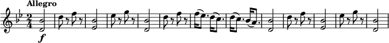 
\relative c'' {
  \version "2.18.2"
  \clef "treble" 
  \tempo "Allegro" 
  \key bes \major
  \time 2/4
    <d, bes'>2\f
    d'8 r8 f8 r8
    <ees, bes'>2
    ees'8 r8 g8 r8
    <d, bes'>2
    d'8 r8 f8 r8
    f16 (ees8.) d16 (c8.) 
    d16 (c8.) bes16 (a8.)
    <d, bes'>2
    d'8 r8 f8 r8
    <ees, bes'>2
    ees'8 r8 g8 r8
    <d, bes'>2
}
