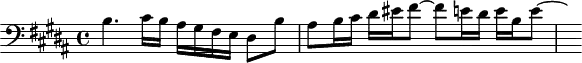 \version "2.18.2"
\header {
tagline = ##f
}
\score {
\new Staff \with {
}
<<
\relative c' {
\clef bass
\key b \major
\time 4/4
%% FUGUE-contre-sujet CBT I-23, BWV 868, si majeur
b4. cis16 b ais gis fis e dis8 b' ais b16 cis dis eis fis8~ fis e16 dis e b e8~ \hideNotes e16
}
>>
\layout {
\context { \Score \remove "Metronome_mark_engraver" }
}
\midi {}
}