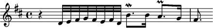 \version "2.18.2"
\header {
tagline = ##f
}
\score {
\new Staff \with {
}
<<
\relative c' {
\key d \major
\time 4/4
%% SUJET fugue CBT I-5, BWV 850, ré majeur
r4 d32 e fis g fis e fis d b'8.\mordent b16 a8.\prall g16 fis8.
}
>>
\layout {
\context { \Score \remove "Metronome_mark_engraver" }
}
\midi {}
}