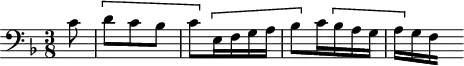 
\version "2.18.2"
\header {
  tagline = ##f
}

\score {
  \new Staff \with {

  }
<<
  \relative c' {
    \clef bass 
    \key f \major
    \time 3/8

     %% SUJET fugue CBT I-11, BWV 856, fa majeur

      \stemDown \partial 8 c8 \[ d c bes c \]  \[ e,16f g a bes8 \] c16 \[ bes a g | a[ \]
      \set stemRightBeamCount = #2
      g
      \set stemRightBeamCount = #2
      \set stemLeftBeamCount = #2
      f4*1/4 s]
  }
>>
  \layout {
     \context { \Score \remove "Metronome_mark_engraver" 
       }
  }
  \midi {} 
}
