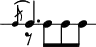 
\header {
  tagline = ##f
}

\score {
  \new RhythmicStaff {
    \time 2/2
    \numericTimeSignature
    \omit Staff.TimeSignature

   << { \acciaccatura c8 d4. }  \\ { r8 b8 b b } >>

  }
  \layout {
   % indent = #0
  }
  \midi {}
}
