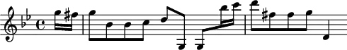 \version "2.18.2"
\header {
tagline = ##f
}
\score {
\new Staff \with {
}
<<
\relative c'' {
\key g \minor
\time 4/4
\tempo 4 = 88
%\set Staff.midiInstrument = #"violin"
\override TupletBracket #'bracket-visibility = ##f
%%% RV618
\partial 8 g'16 fis g8 bes, bes c d g,, g bes''16 c d8 fis, fis g d,4
}
>>
\layout {
\context { \Score \remove "Metronome_mark_engraver" }
}
\midi {}
}