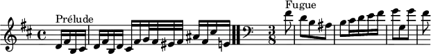 \version "2.18.2"
\header {
tagline = ##f
}
\score {
\new Staff \with {
}
<<
\relative c' {
\key b \minor
\time 4/4
\set Staff.midiInstrument = #"harpsichord"
%% INCIPIT CBT II-24, BWV 893, si mineur
\partial 4
s4*0^\markup{Prélude} d16 fis b, cis d fis b, d cis fis g32 fis eis fis ais16 fis cis' e, \bar ".."
\skip 8*1
\override Staff.Clef.extra-offset = #'( -1 . 0 )
\clef bass
\time 3/8 \partial 8
s4*0^\markup{Fugue} fis8 d b ais b cis16 d e fis g8 g, g' fis
}
>>
\layout {
#(layout-set-staff-size 17)
\context { \Score \remove "Metronome_mark_engraver"
\override SpacingSpanner.common-shortest-duration = #(ly:make-moment 1/2)
}
}
\midi {}
}