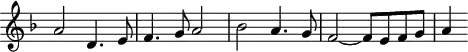 
\header {
  tagline = ##f
}

\score {
  \new Staff \with {
     \remove "Time_signature_engraver"
  }
<<
  \relative c'' {
    \key d \minor
    \time 4/4
    \override TupletBracket #'bracket-visibility = ##f 
    %\autoBeamOff

     %%%%%%%%%
     a2 d,4. e8 f4. g8 a2 bes a4. g8 f2~ f8[ e f g] a4

  }
>>
  \layout {
     \context { \Score \remove "Metronome_mark_engraver" }
  }
  \midi {}
}
