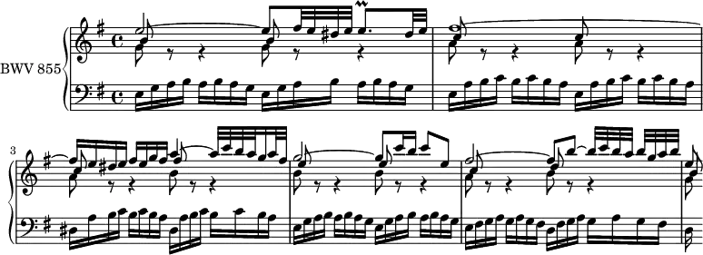 
\version "2.18.2"
\header {
  tagline = ##f
}

Prallehp     = { \tag #'print { e8.\prall } \tag #'midi { \times 2/3 { fis32 e fis  fis32 e fis } e16 }  }

upper = \relative c'' {
    \clef treble
    \key e \minor
    \time 4/4
    \tempo 4 = 63
    \set Staff.midiInstrument = #"harpsichord"

   %% PRÉLUDE CBT I-10, BWV 855, mi mineur
   << { e2~ e8 fis32 e dis e \Prallehp dis32 e | fis1~ | fis16 e dis e fis e g fis a4~ a32 c b a g16 a32 fis g2~ g8 c16 b c8 e, fis2~ fis8 b~ b32[[ c b a] b[ g a b]] e,8~ } \\ { \repeat unfold 2 { g,8 r8 r4 } \repeat unfold 3 { a8 r8 r4 } b8 r8 r4 \repeat unfold 2 { b8 r8 r4 } a8 r8 r4 b8 r8 r4 g8 } \\ { \repeat unfold 2 { b8 s8 s4 } \repeat unfold 3 { c8 s8 s4 } fis8 s8 s4 \repeat unfold 2 { e8 s8 s4 } c8 s8 s4 d8 s8 s4 b8 } >>

}

lower = \relative c {
    \clef bass
    \key e \minor
    \time 4/4
    \set Staff.midiInstrument = #"harpsichord"

    \repeat unfold 2 { e16 g a b a b a g }
    \repeat unfold 2 { e16 a b c b c b a }
    \repeat unfold 2 { dis,16 a' b c b c b a }
    \repeat unfold 2 { e16 g a b a b a g }
    e16 fis g a g a g fis d fis g a g a g fis d16
}

 thePianoStaff = \new PianoStaff <<
    \set PianoStaff.instrumentName = #"BWV 855"
    \new Staff = "upper" \upper
    \new Staff = "lower" \lower
  >>

\score {
  \keepWithTag #'print \thePianoStaff
  \layout {
    \context {
      \Score
      \remove "Metronome_mark_engraver"
      \override SpacingSpanner.common-shortest-duration = #(ly:make-moment 1/3)
    }
  }
}

\score {
  \keepWithTag #'midi \thePianoStaff
  \midi { }
}
