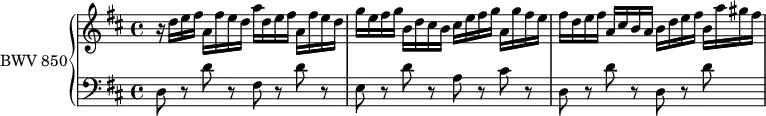 \version "2.18.2"
\header {
tagline = ##f
}
upper = \relative c'' {
\clef treble
\key d \major
\time 4/4
\tempo 4 = 96
\set Staff.midiInstrument = #"harpsichord"
%% PRÉLUDE CBT I-5, BWV 850, ré majeur
r16 d16 e fis a, fis' e d a' d, e fis a, fis' e d | g e fis g b, d cis b cis e fis g a, g' fis e | fis d e fis a, cis b a b d e fis b, a' gis fis
}
lower = \relative c {
\clef bass
\key d \major
\time 4/4
\set Staff.midiInstrument = #"harpsichord"
d8 r8 d' r8 fis,8 r8 d'8 r8 e,8 r8 d'8 r8 a8 r8 cis8 r8 d,8 r8 d'8 r8 d,8 r8 d'8
}
\score {
\new PianoStaff <<
\set PianoStaff.instrumentName = #"BWV 850"
\new Staff = "upper" \upper
\new Staff = "lower" \lower
>>
\layout {
\context {
\Score
\remove "Metronome_mark_engraver"
\override SpacingSpanner.common-shortest-duration = #(ly:make-moment 1/3)
}
}
\midi { }
}