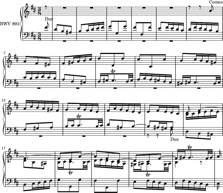 \version "2.18.2"
\header {
tagline = ##f
}
Trillaishp = { \tag #'print { ais8.\trill } \tag #'midi { b32 ais b ais~ ais16 } }
Trillcishp = { \tag #'print { cis8.\trill } \tag #'midi { d32 cis d cis~ cis16 } }
Trillgishp = { \tag #'print { gis8.\trill } \tag #'midi { a32 gis a gis~ gis16 } }
Dux = { s4*0-\markup{Dux} fis8 d b ais b cis16 d e fis g8 g, g' fis fis, fis' e fis16 e d cis d fis e d cis b cis }
Comes = { s4*0-\markup{Comes} b8 a fis eis fis gis16 a b cis d8 d, d' cis cis, cis' b cis16 b a gis a cis b a gis fis }
upper = \relative c'' {
\clef treble
\key b \minor
\time 3/8
\tempo 4. = 56
\set Staff.midiInstrument = #"harpsichord"
%% FUGUE CBT II-2, BWV 893, si mineur
\partial 8
<< { r8 R4.*5 r8 r8 \Comes g8 a16 g fis e | fis a g fis e d | e8 fis16 e d cis | d8 fis4~ fis4.~ fis8 e a~ a fis d~ d cis fis~ fis16 gis \Trillgishp fis32 gis a16 } \\ {s8 s4.*15 b,16 cis d e fis e | d8 b ais | b16 cis \Trillcishp b32 cis | d16 e d cis b a | gis ais \Trillaishp gis32 ais | b4 r8 } >>
}
lower = \relative c' {
\clef bass
\key b \minor
\time 3/8
\set Staff.midiInstrument = #"harpsichord"
<< { \Dux b16 cis d cis b | a8 fis eis fis16 gis \Trillgishp fis32 gis | a16 b a gis fis e dis eis eis8. dis32 eis | fis8 gis a | b16 cis \Trillcishp b32 cis | d8 ais b~ | b ais16 gis ais8 } \\ { s8 R4.*14 r8 r8 \relative c { \Dux } } >>
}
thePianoStaff = \new PianoStaff <<
\set PianoStaff.instrumentName = #"BWV 893"
\new Staff = "upper" \upper
\new Staff = "lower" \lower
>>
\score {
\keepWithTag #'print \thePianoStaff
\layout {
\context {
\Score
\remove "Metronome_mark_engraver"
}
}
}
\score {
\keepWithTag #'midi \thePianoStaff
\midi { }
}