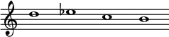 \version "2.18.2"
\header {
tagline = ##f
}
\new Staff {
\relative c'' {
\override Staff.TimeSignature #'stencil = ##f
\override Staff.BarLine #'stencil = ##f
d1 es c b
}
}
\midi {
\context {
\Score
tempoWholesPerMinute = #(ly:make-moment 60 1)
}
}