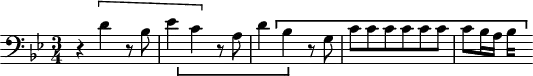 
\version "2.18.2"
\header {
  tagline = ##f
}

\score {
  \new Staff \with {

  }
<<
  \relative c' {
    \clef bass
    \key g \minor
    \time 3/4
    \set Staff.midiInstrument = #"harpsichord" 

     %% SUJET fugue CBT II-16, BWV 8885, sol mineur
     r4 \[ d4 r8 bes8 | ees4 c_\markup { \stencil #(ly:bracket X '(-2 . 14) 0.2 1) } \] r8 a8 | d4 bes^\markup { \stencil #(ly:bracket X '(-1 . 35) 0.2 -1) } r8 g8 c c c c c c | c bes16 a 
{ 
 % suppression des warnings :
 #(ly:set-option 'warning-as-error #f)
 #(ly:expect-warning (_ "stem does not fit in beam")) %% <= à traduire éventuellement
 #(ly:expect-warning (_ "beam was started here")) %% <= à traduire éventuellement
  \set stemRightBeamCount = #2
  bes4*1/4[ s]
}
  }
>>
  \layout {
     \context { \Score \remove "Metronome_mark_engraver" 
                %\override SpacingSpanner.common-shortest-duration = #(ly:make-moment 1/2)
     }
  }
  \midi {} 
}
