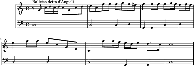 \version "2.14.2"
\header {
tagline = ##f
}
\score {
\new StaffGroup <<
\set StaffGroup.systemStartDelimiter = #'SystemStartSquare
\new Staff {
\relative c'' {
\key c \major
\time 4/4
\tempo 4 = 80
%\autoBeamOff
\clef treble
\override Rest #'style = #'classical
\set Staff.midiInstrument = #"trumpet"
% Balletto detto d'Angioli
r8^"Balletto detto d'Angioli" g8 c16 d c d c8 g c d | e c g' g g a g fis | g4 g8 g g a16 g f8 g16 f | e4 g8 g e c g e | c4 g''8 g16 f e d e8 d8. c16 | c1
\bar "|."
}
}
\new Staff {
<<
\key c \major
\set Staff.midiInstrument = #"recorder"
\new Voice { \clef bass c1 | c2 c4 d | g, g, c d | c2 c | c g,4 g, | c1 }
\bar "||."
>>
}
>>
\layout {
\context {
\Score
\remove "Metronome_mark_engraver"
}
}
\midi {}
}