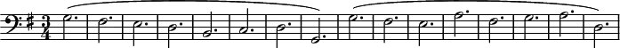 \version "2.14.2"
\header {
tagline = ##f
}
\score {
\new Staff \with {
}
<<
\relative c' {
\key g \major
\clef bass
\time 3/4
\tempo 4 = 120
\override TupletBracket #'bracket-visibility = ##f
\autoBeamOff
\set Staff.midiInstrument = #"harpsichord"
%%%%%%%%%%%%%%%%%%%%%%%%%% Ruggiero Goldberg
g2.( fis e d b c d g,)
g'( fis e a fis g a d,)
}
>>
\layout {
\context { \Score \remove "Metronome_mark_engraver" }
\context {
\remove "Metronome_mark_engraver"
}
}
\midi {}
}