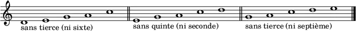 {
\new Staff \with { \remove "Time_signature_engraver" }
\clef treble
\time 5/1
d'1_"sans tierce (ni sixte)" e' g' a' c'' \bar "||"
e'_"sans quinte (ni seconde)" g' a' c'' d'' \bar "||"
g'_"sans tierce (ni septième)" a' c'' d'' e'' \bar "||"
\bar "|."
}