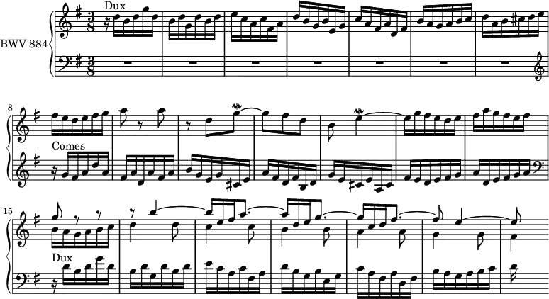 \version "2.18.2"
\header {
tagline = ##f
}
Mordgh = { \tag #'print { g8~\mordent } \tag #'midi { g32 fis g16~ } }
Mordeq = { \tag #'print { e4~\mordent } \tag #'midi { e32 d e16~ e8~ } }
Dux = { r16^\markup{Dux} d'16 b d g d b d g, d' b d e c a c fis, a | d b g b e, g | c a fis a d, fis | b a g a b c | d }
Comes = { r16^\markup{Comes} g16 fis a d a | fis a d, a' fis a | b g e g cis, e | a fis d fis b, d | g e cis e a, cis | fis e d e fis g | a d, e fis g a }
upper = \relative c' {
\clef treble
\key g \major
\time 3/8
\tempo 4. = 48
\set Staff.midiInstrument = #"harpsichord"
%% FUGUE CBT II-11, BWV 880, fa majeur
\Dux a16 b cis d e fis e d e fis g a8 r8 a r8 d, \Mordgh g8 fis d b \Mordeq e16 g fis e d e fis a g fis e fis
<< { g8 r8 r8 r8 b4~ b16 e, fis a8.~ a16 d, e g8.~ g16 c, d fis8.~ fis8 e4~ e8 } \\ { b16 a g a b c d4 d8 c4 c8 b4 b8 a4 a8 g4 g8 fis4 } >>
}
lower = \relative c {
\clef bass
\key g \major
\time 3/8
\set Staff.midiInstrument = #"harpsichord"
R4.*7 \clef treble \relative c'' \Comes
\clef bass \relative c \Dux
}
thePianoStaff = \new PianoStaff <<
\set PianoStaff.instrumentName = #"BWV 884"
\new Staff = "upper" \upper
\new Staff = "lower" \lower
>>
\score {
\keepWithTag #'print \thePianoStaff
\layout {
\context {
\Score
\remove "Metronome_mark_engraver"
\override SpacingSpanner.common-shortest-duration = #(ly:make-moment 1/3)
}
}
}
\score {
\keepWithTag #'midi \thePianoStaff
\midi { }
}