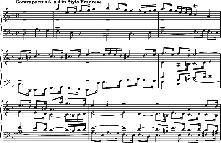 % d'après édition de 1750 revue par CPE Bach. http://imslp.org/wiki/Special:ReverseLookup/23444
\new PianoStaff <<
\new Staff = "right" <<
\relative c''' {
\key d \minor
\time 4/4
\tempo "Contrapuctus 6. a 4 in Stylo Francese."
r1
a4 d,8. e16 f8. g16 a4
bes a8. g16 f4~ f16 e f g
a8. g16 f e d c bes4\trill a
a8. b16 c4~ c8. b16 cis8. d16
e4~ e16 f e d cis4 d8. e16
f8. e16 f8. d16 e2~
e8. d16 c8. b16 a8. a'16 g8. f16
e4 r r2
r a,4 e'8. d16
}
\\
\relative c' {
\key d \minor
\time 4/4
r1 r r r r r
d4 a8. b16 c8. d16 e4
f e8. d16 c4~ c16 b c d
e2~ e4 d~
d8. b16 e8. d16 c8. d16c8. b16
}
>>
\new Staff = "left" {
\clef bass <<
\relative c' {
\key d \minor
\time 4/4
r1 r r r r r
d4 a8. b16 c8. d16 e4
f e8. d16 c4~ c16 b c d
e2~ e4 d~
d8. b16 e8. d16 c8. d16c8. b16
}
\\
\relative c {
\key d \minor
\time 4/4
d2 a'4. g8
f4. e8 d2
cis d4. e8
f2~ f8. g16 f8. e16
d8. d,16 e8. f16 g8. a16 g8. f16
e8. e'16f8. g16 a8. bes16 a8. g16
f4 d a'2~
a1~
a8. e16 a8. g16 f8. e16 f8. d16
e4. e8 f8. e16 fis8. gis16
}
>>
}
>>