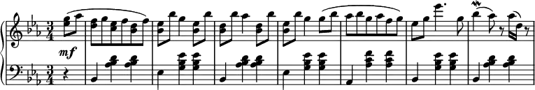 
 \relative c' {
 \new PianoStaff <<
  \new Staff { \key c \minor \time 3/4 \set Score.tempoHideNote = ##t
   \tempo "" 2. = 64
  \tempo \markup {
   \column {
 }
  }
   \partial 4 <ees' g>8( aes <d, f> g <c, ees> f <bes, d> f') <bes, ees> bes' g4 <bes, ees>8 bes' <bes, d> bes' aes4 <bes, d>8 bes' <bes, ees> bes' g4 g8( bes aes bes g aes f g) ees g ees'4. g,8 bes4\mordent( aes8) r aes16( d,) r8
  }
  \new Dynamics {
  s\mf
   }
  \new Staff { \key c \minor \time 3/4 \clef bass
   r4 bes,, <aes' bes d> <aes bes d> ees <g bes ees> <g bes ees> bes, <aes' bes d> <aes bes d> ees <g bes ees> <g bes ees> aes, <aes' c f> <aes c f> bes, <g' bes ees> <g bes ees> bes, <aes' bes d> <aes bes d>
  }
 >>
 }
