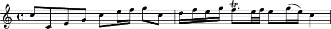 
\header {
  tagline = ##f
}

\score {
  \new Staff \with {

  }
<<
  \relative c'' {
    \key c \major
    \time 4/4
    \override TupletBracket #'bracket-visibility = ##f 
    \autoBeamOff

     %%%%%%%%%%% K 117
     c8[ c, e g] c[ e16 f] g8[ c,] d16[ f e g] f8.\trill[ e32 f] e8[ g16( e)] c4

  }
>>
  \layout {
    \context {
      \remove "Metronome_mark_engraver"
    }
  }
  \midi {}
}
