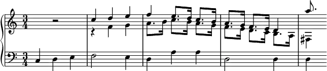 
\version "2.14.2"
\header {
  tagline = ##f
}
upper = \relative c'' {
  \clef treble 
  \key c \major
  \time 3/4
  \tempo 4 = 88
  %\autoBeamOff
  \set Staff.midiInstrument = #"dulcimer"

  s4 r2 
  << {c4 d e f e8. d16 c8. b16 a8. g16 f8. e16 d4 a''8. } \\ { r4 f,4 g a8. b16 c8. b16 a8. g16 f8. e16 d8. c16 b8. a16 fis4 } >> 
}

lower = \relative c {
  \clef bass
  \key c \major
  \time 3/4
  \set Staff.midiInstrument = #"dulcimer"

    c4 d e f2 e4 d a' a  d,2 d4 d
    
}

\score {
  \new PianoStaff <<
    \set PianoStaff.instrumentName = #""
    \new Staff = "upper" \upper
    \new Staff = "lower" \lower
  >>
  \layout {
    \context {
      \Score
      \remove "Metronome_mark_engraver"
    }
  }
  \midi { }
}

