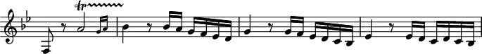 
\header {
  tagline = ##f
}

\score {
  \new Staff \with {
     \remove "Time_signature_engraver"
  }
<<
  \relative c' {
    \key bes \major
    \time 3/4 
    \override TupletBracket #'bracket-visibility = ##f 
    %\autoBeamOff

     %%%%%%%%%
     f,8 r8 \afterGrace a'2\startTrillSpan { g16[( a] } bes4\stopTrillSpan r8 bes16 a g f ees d |
     g4 r8 g16 f ees d c bes | ees4 r8 ees16 d c d c bes
     

  }
>>
  \layout {
     \context { \Score \remove "Metronome_mark_engraver" }
  }
  \midi {
    \tempo 4=138
  }
}
