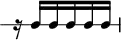 
\header {
  tagline = ##f
}

\score {
  \new RhythmicStaff {
    \time 3/8
    \numericTimeSignature
    \omit Staff.TimeSignature

   r16 c16 c c c c 

  }
  \layout {
   % indent = #0
  }
  \midi {}
}

