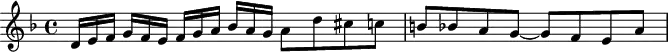 
\version "2.18.2"
\header {
  tagline = ##f
}

\score {
  \new Staff \with {

  }
<<
  \relative c' {
    \key d \minor
    \time 4/4
    \set Staff.midiInstrument = #"harpsichord" 

     %% SUJET fugue CBT II-6, BWV 875, ré mineur

     \omit TupletNumber \tuplet 3/2 { d16[ e f] } \tuplet 3/2 { g f e } \tuplet 3/2 { f[ g a] } \tuplet 3/2 { bes a g } a8 d cis c b bes a g~ g f e a

  }
>>
  \layout {
     \context { \Score \remove "Metronome_mark_engraver"
        }
  }
  \midi {} 
}

