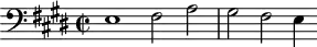 
\version "2.18.2"
\header {
  tagline = ##f
}

\score {
  \new Staff \with {

  }
<<
  \relative c' {
    \clef bass
    \key e \major
\override Staff.TimeSignature #'stencil = #ly:text-interface::print
\override Staff.TimeSignature #'text = \markup \musicglyph #"timesig.C22"
    \time 4/2
    \set Staff.midiInstrument = #"harpsichord" 

     %% SUJET fugue CBT II-9, BWV 878, mi majeur
     e,1 fis2 a gis fis e4

  }
>>
  \layout {
     \context { \Score \remove "Metronome_mark_engraver" 
    }
  }
  \midi {} 
}
