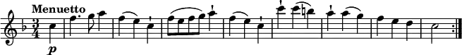\relative c' {
\version "2.18.2"
\key f \major
\tempo "Menuetto"
\time 3/4
\partial 4 c'4 \p
f4. g8 a4
f (e) c-!
f8 (e f g) a4-!
f (e) c-!
c'-! c (b)
a-! a (g)
f e d
c2 \bar ":|."
}
